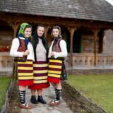 Cruci de lemn pictate în albastru, cu scene colorate și versuri, aliniate într-un cimitir din Maramureș